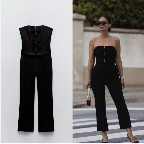 ZARA WOMAN SS24 STRAPLESS BOW JUMPSUIT BLACK Size S NEW WITH TAG! - Picture 9 of 9